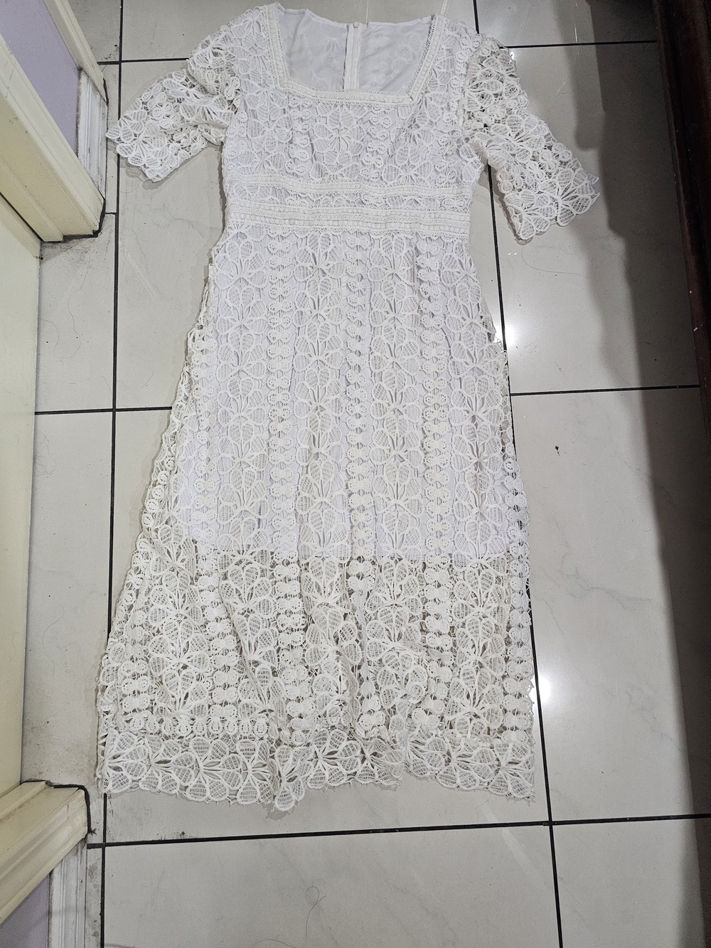 White Lace Midi Dress - Feminine Crochet Design